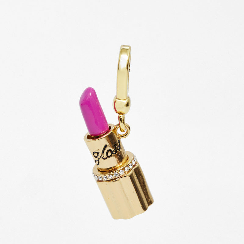 Enamel glazed diamond studded metal letters Barbie pink lipstick rotatable pendant necklace